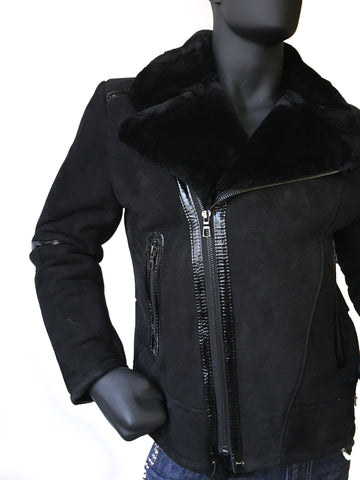 Sheepskin Jacket with Patent Leather Style #5900L - Jakewood Shearlin Leather Mouton Fur Bomber Aviator Parka Coat Jacket Sheepskin All size Brooklyn New York manufacturer