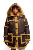 Sheepskin Long Jacket Toggle Closer with Hood and Fur Style #4100 - Jakewood Shearlin Leather Mouton Fur Bomber Aviator Parka Coat Jacket Sheepskin All size Brooklyn New York manufacturer