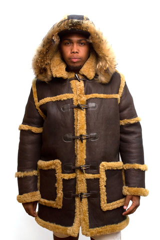 Sheepskin Long Jacket Toggle Closer with Hood and Fur Style #4100 - Jakewood Shearlin Leather Mouton Fur Bomber Aviator Parka Coat Jacket Sheepskin All size Brooklyn New York manufacturer