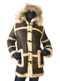 Sheepskin Long Jacket Toggle Closer with Hood and Fur Style #4100 - Jakewood Shearlin Leather Mouton Fur Bomber Aviator Parka Coat Jacket Sheepskin All size Brooklyn New York manufacturer