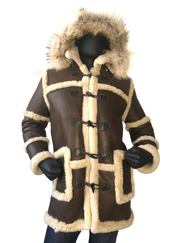 Sheepskin Long Jacket Toggle Closer with Hood and Fur Style #4100 - Jakewood Shearlin Leather Mouton Fur Bomber Aviator Parka Coat Jacket Sheepskin All size Brooklyn New York manufacturer 