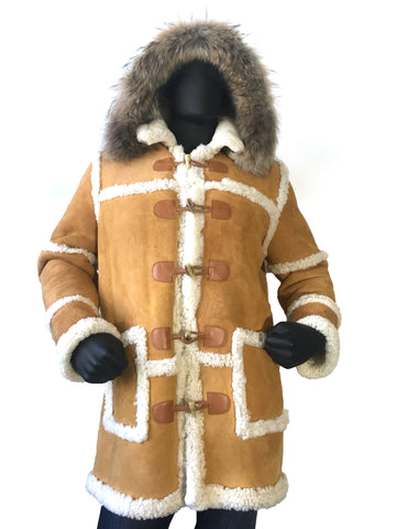 Sheepskin Long Jacket Toggle Closer with Hood and Fur Style #4100 - Jakewood Shearlin Leather Mouton Fur Bomber Aviator Parka Coat Jacket Sheepskin All size Brooklyn New York manufacturer