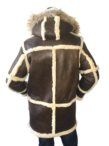 Sheepskin Long Jacket Toggle Closer with Hood and Fur Style #4100 - Jakewood Shearlin Leather Mouton Fur Bomber Aviator Parka Coat Jacket Sheepskin All size Brooklyn New York manufacturer
