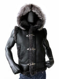 Sheepskin Vest With Silver Fox Fur Hood Style #5650 - Jakewood Shearlin Leather Mouton Fur Bomber Aviator Parka Coat Jacket Sheepskin All size Brooklyn New York manufacturer