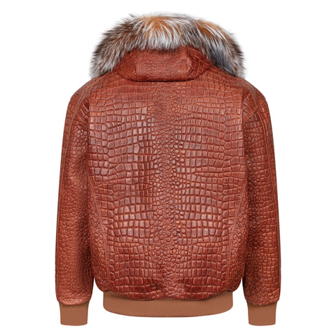 Embossed Leather Bomber Jacket with fox fur trimmed hood Style #2266F