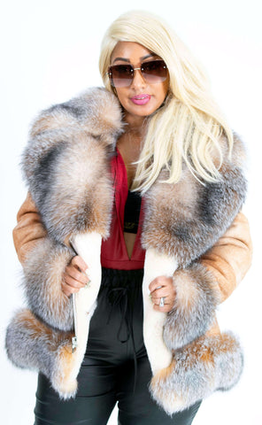 Ladies 3/4 length sheepskin jacket with fox fur trimming Style #1016