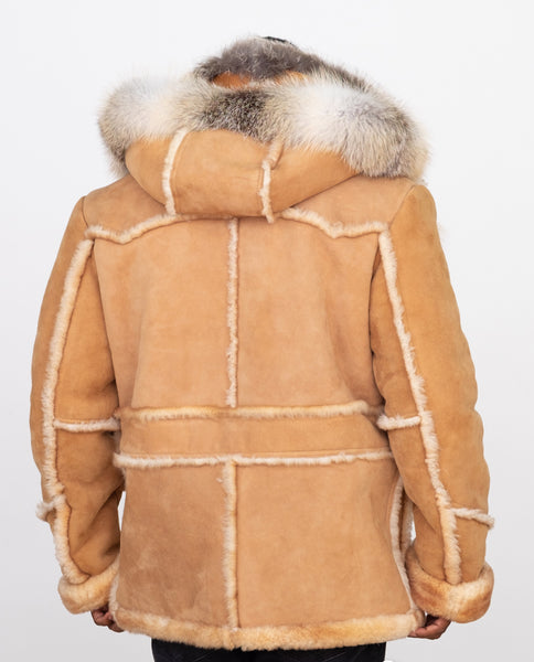 Jakewood Men's Sheepskin Shearling Toggled Coat with Fox Collar and Hood Style #4950H 4X