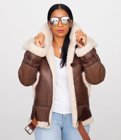 Ladies Bomber Sheepskin Jacket with Double Collar #1003