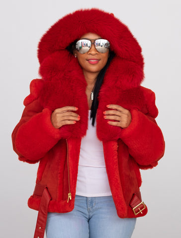 Ladies Raising Sheepskin Jacket with Fur Collar and Hood #1020