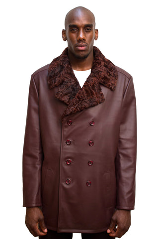 Lamb Leather Trench Coat With Virgin Lamb Fur Collar Style #2090 - Jakewood Shearlin Leather Mouton Fur Bomber Aviator Parka Coat Jacket Sheepskin All size Brooklyn New York manufacturer