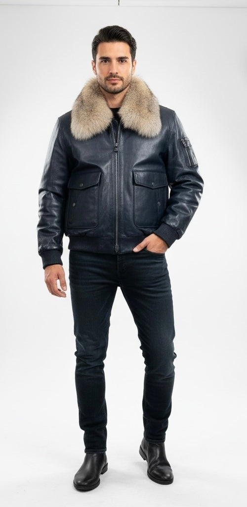 Lambskin jacket with the fur lining & fox collar Style#2800F