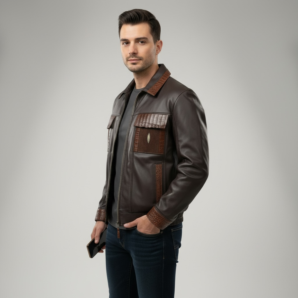 Lambskin jacket with stingray and alligator trimming #2030