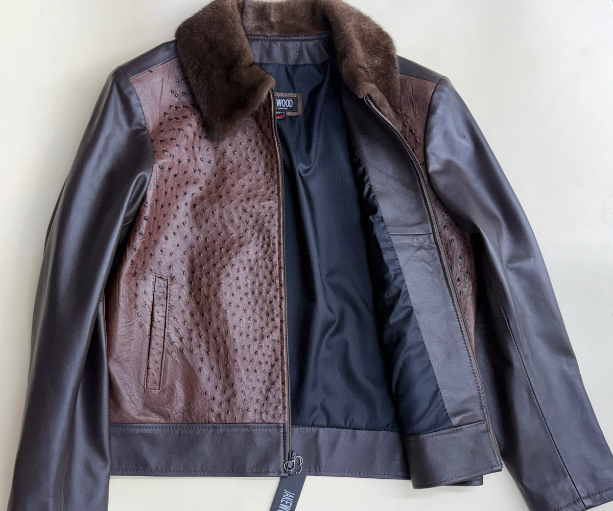 Leather jacket full ostrich front with mink collar #2034