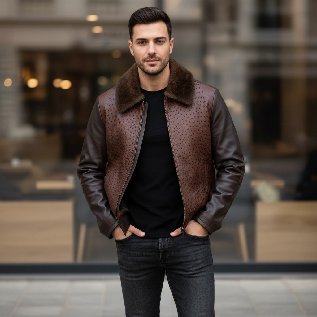 Leather jacket full ostrich front with mink collar #2034