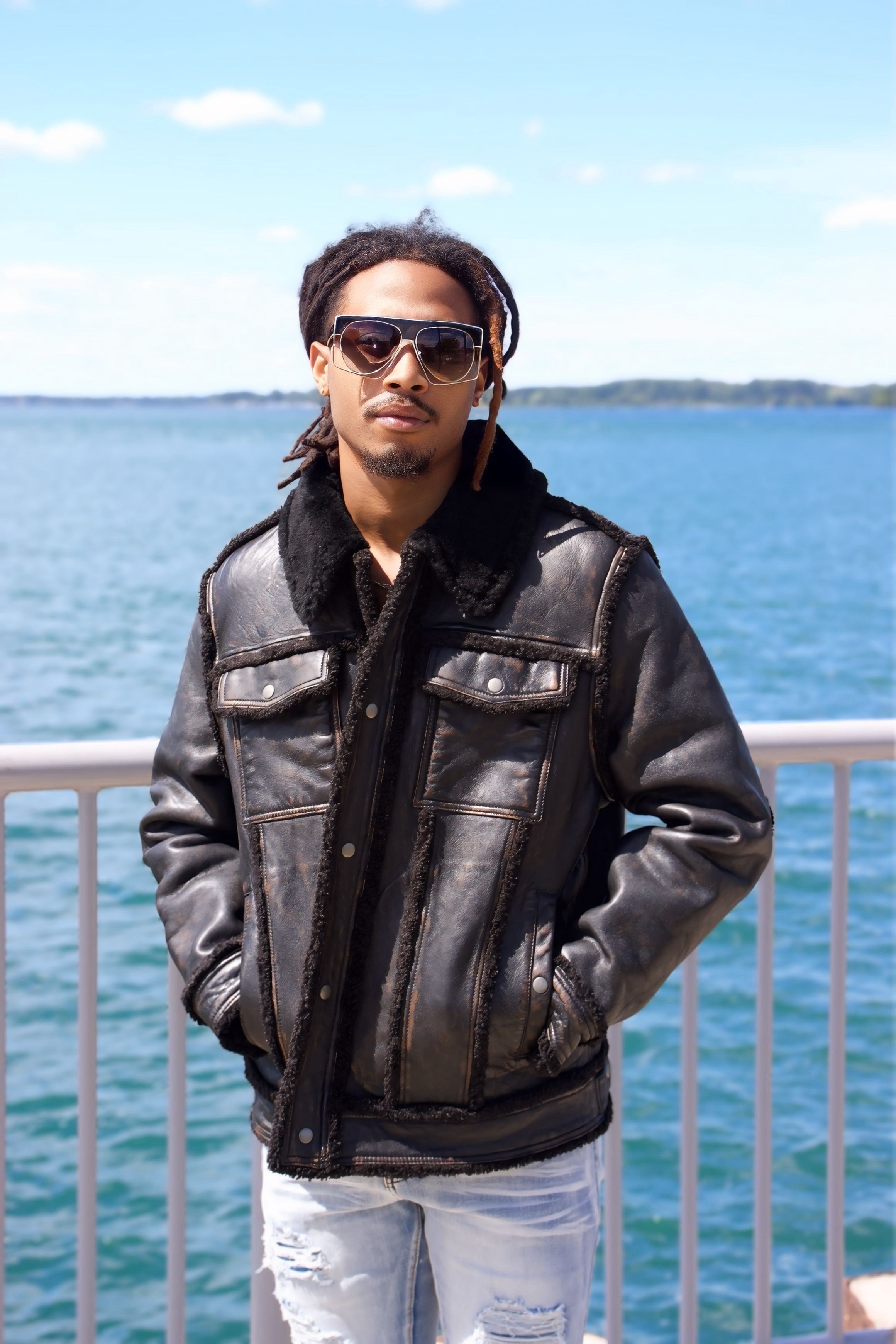Denim style bonded leather jacket with sheepskin collar # 3650