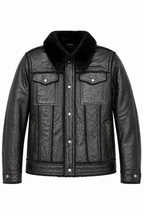 Denim style bonded leather jacket with sheepskin collar # 3650