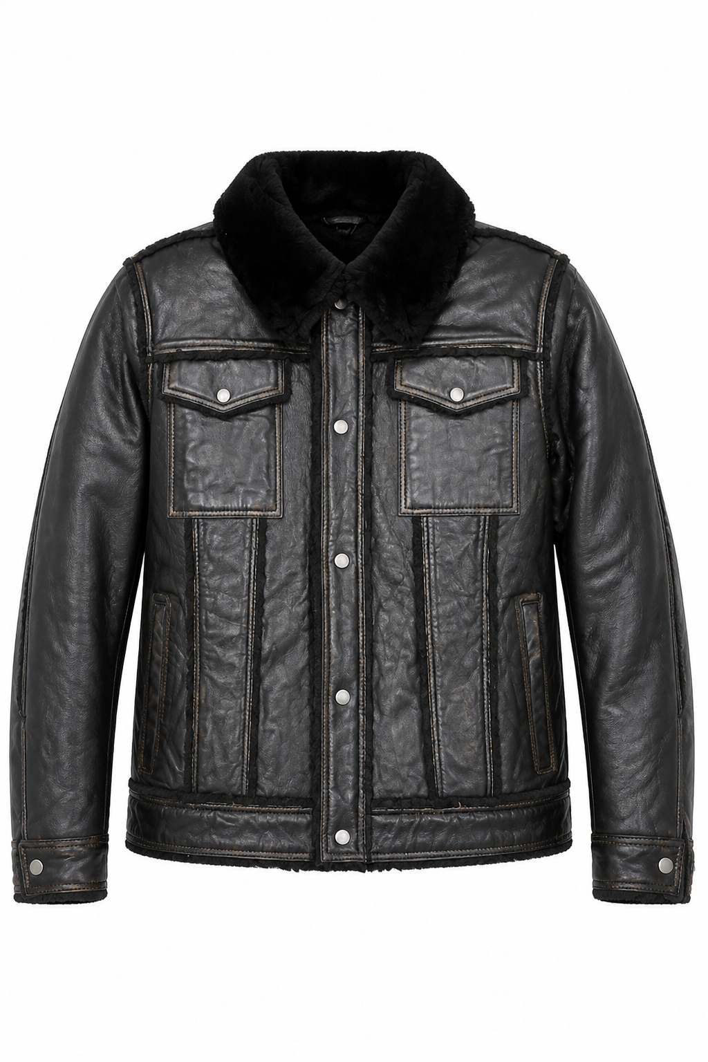 Denim style bonded leather jacket with sheepskin collar # 3650