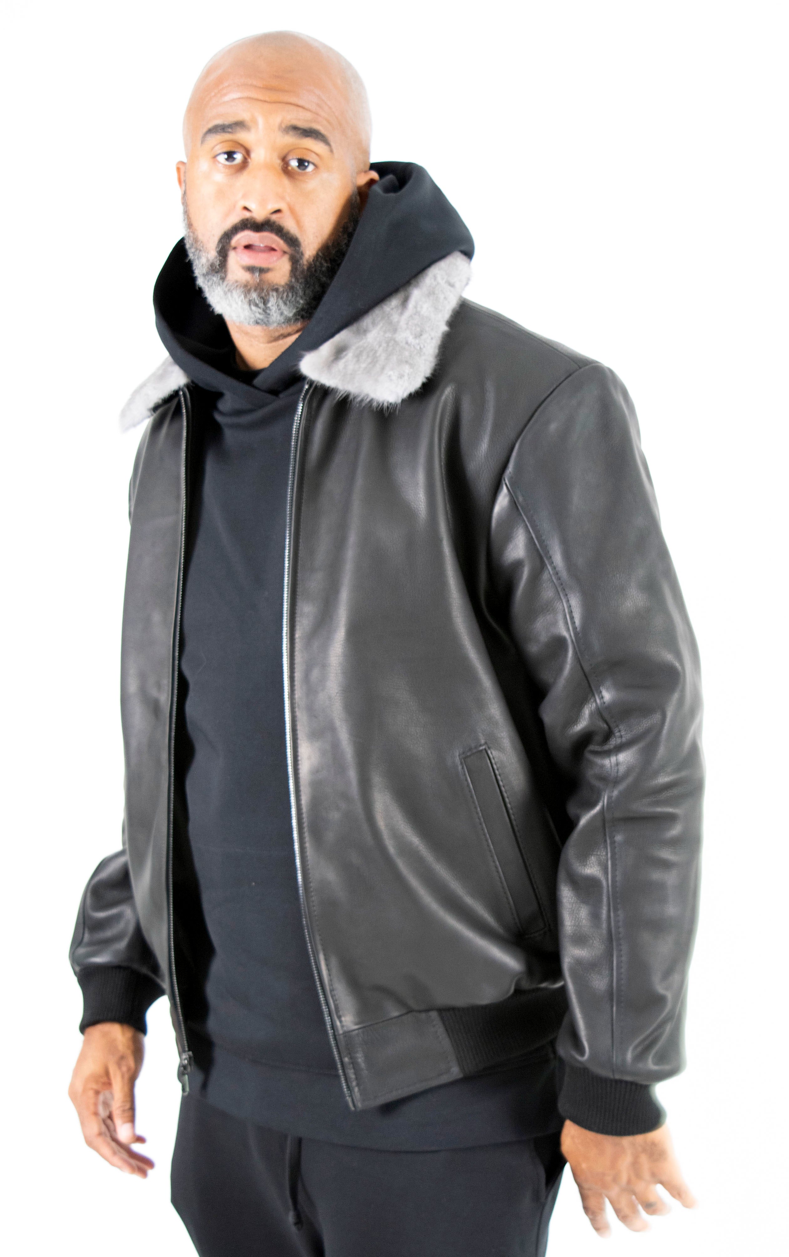 Lightweight Leather Bomber Jacket with Removable Mink Fur Collar