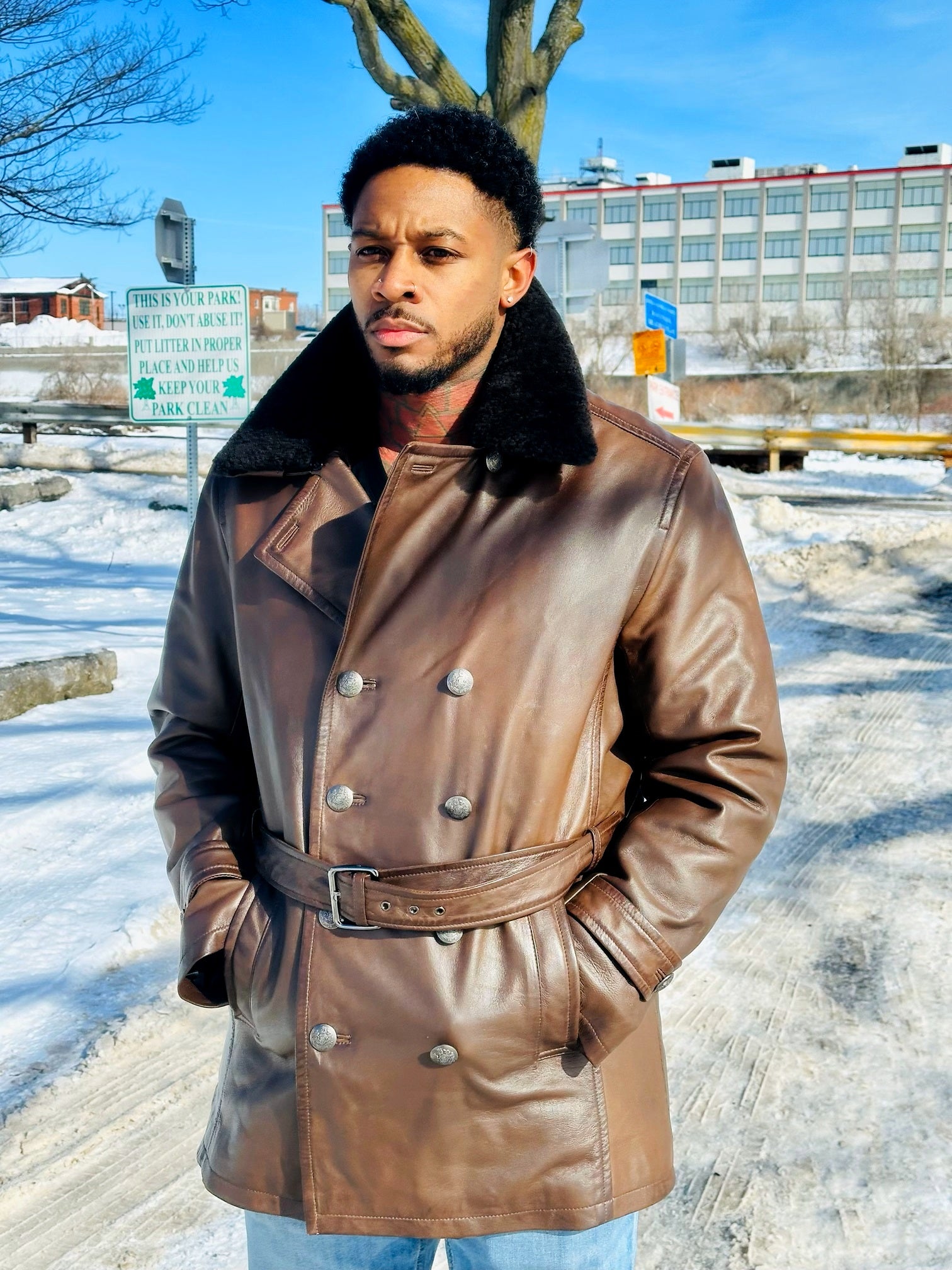 Double breasted French antique lambskin peacoat with sheepskin removable collar # 2099