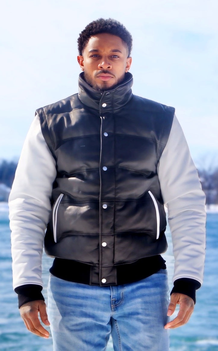 Two-tone bomber leather jacket with removable sleeves Style # 2810