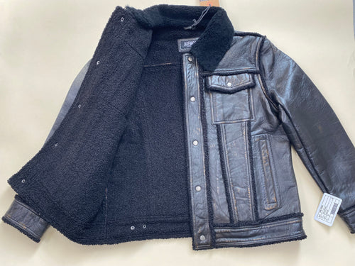 Denim style bonded leather jacket with sheepskin collar # 3650