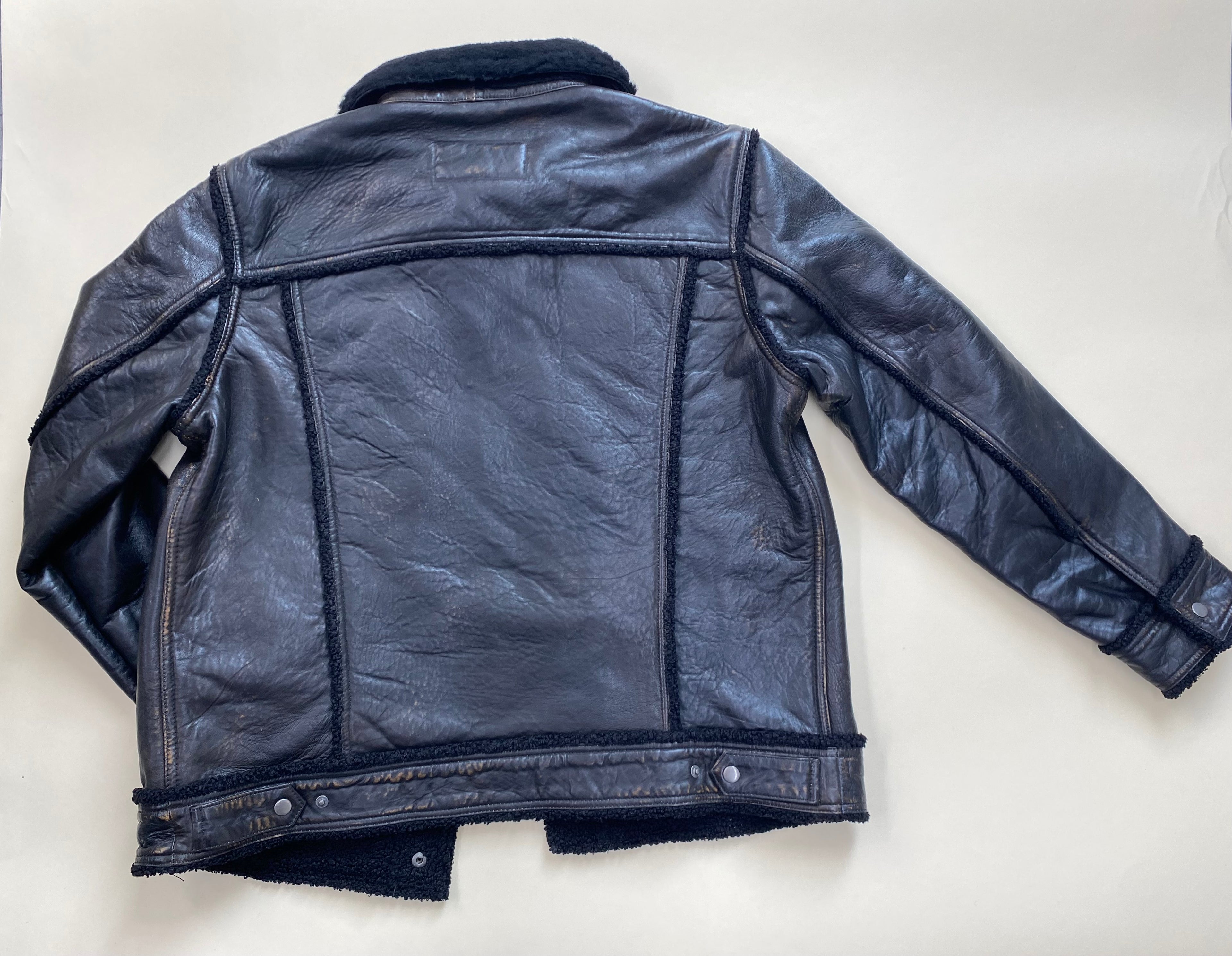 Denim style bonded leather jacket with sheepskin collar # 3650