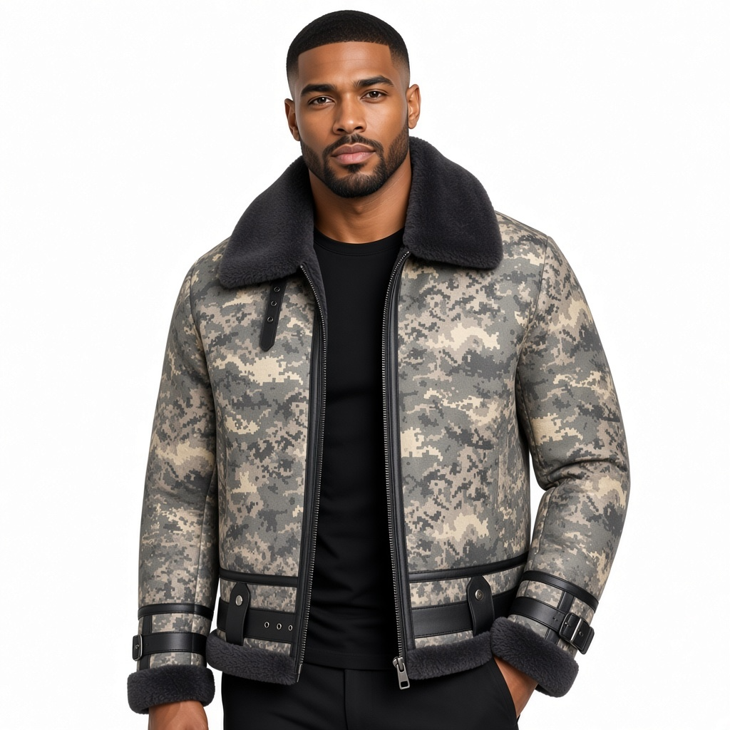 Sheepskin Bomber  Camouflage Jacket with Leather Trimming Style #8404