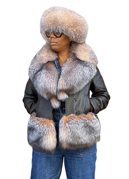 Ladies quilted leather jacket with crystal fox fur #1055