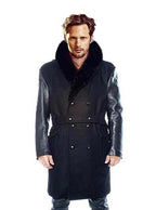 Wool Coat with Leather Sleeves and Mouton Collar Style #1400 - Jakewood Shearlin Leather Mouton Fur Bomber Aviator Parka Coat Jacket Sheepskin All size Brooklyn New York manufacturer