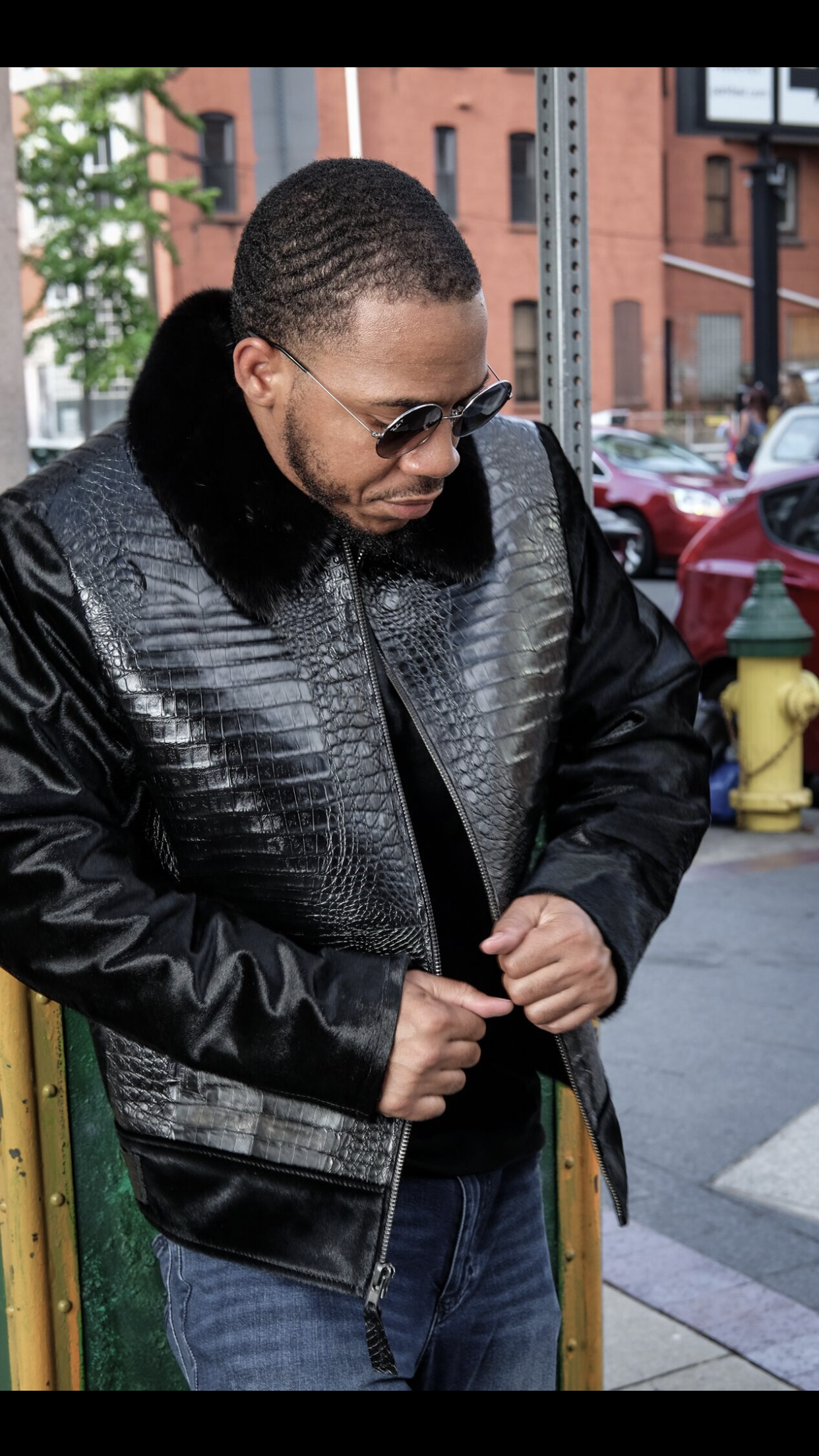 Men’s Alligator Jacket with Pony Fur Sleeves - Jakewood Shearlin Leather Mouton Fur Bomber Aviator Parka Coat Jacket Sheepskin All size Brooklyn New York manufacturer 