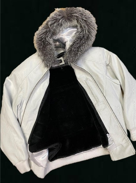 Heavyweight lambskin leather jacket with fox fur trimmed hood Style #2066F