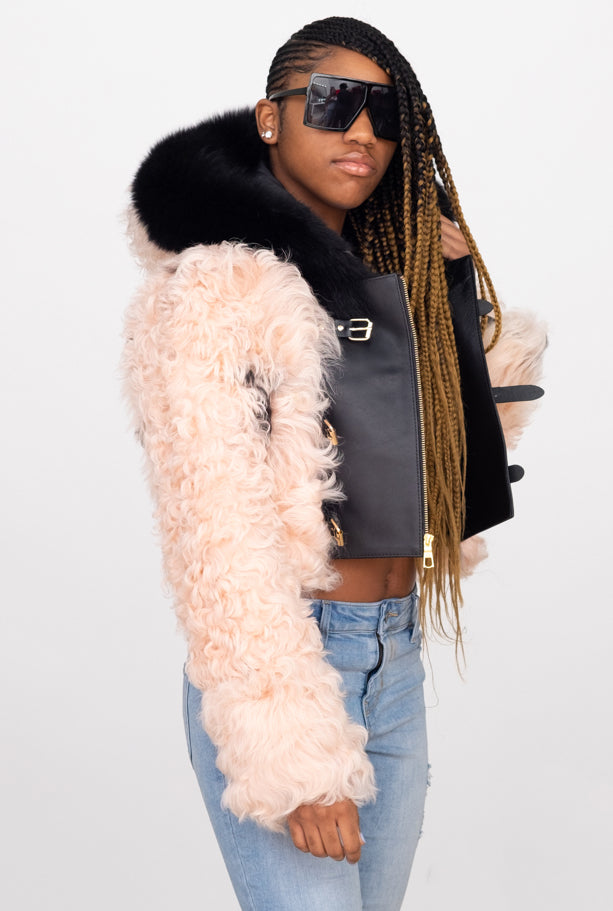 Ladies Mongolian Fur Crop Jacket with Hood Style #1042