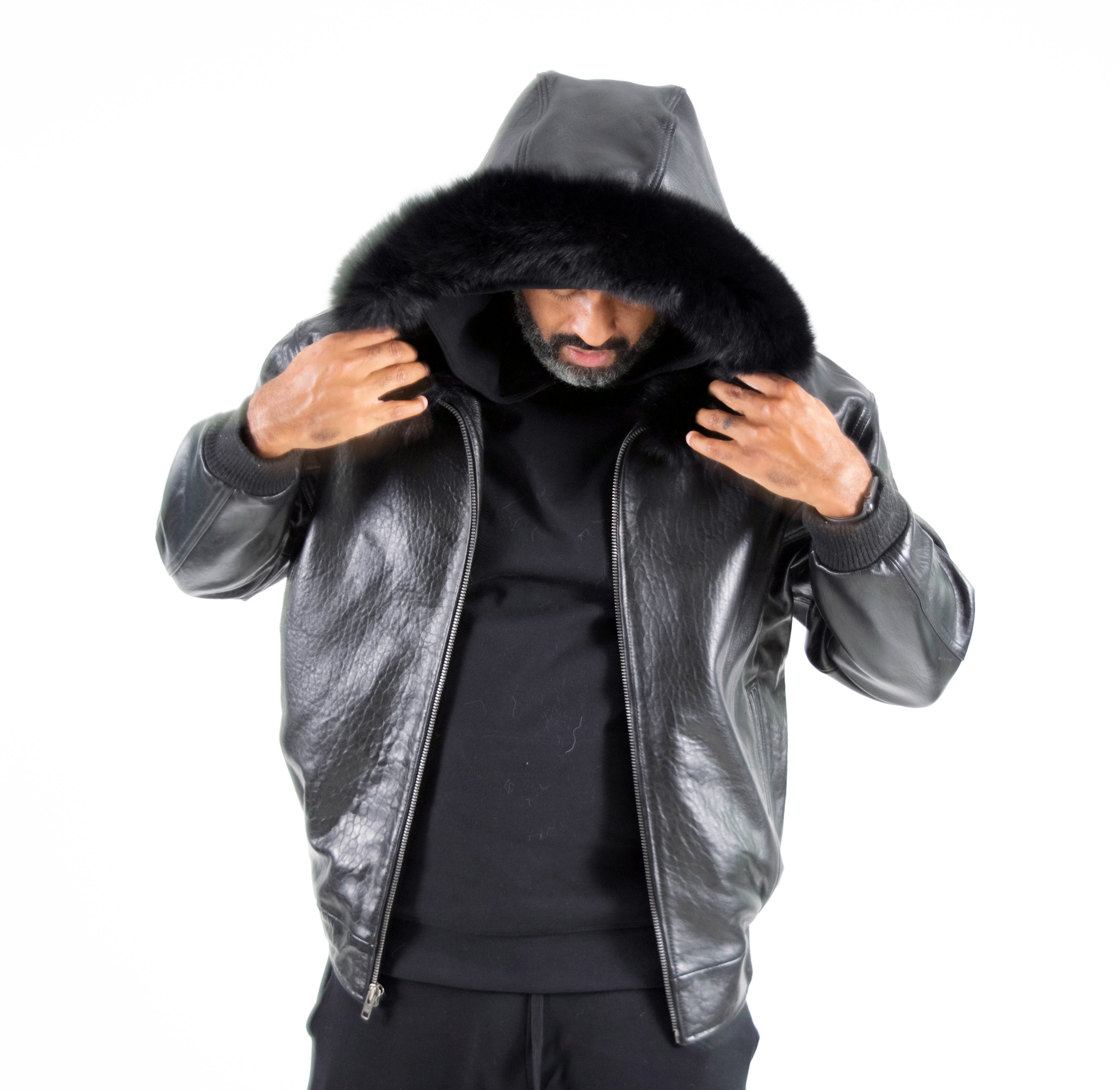 Heavyweight lambskin leather jacket with fox fur trimmed hood