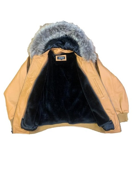 Heavyweight lambskin leather jacket with fox fur trimmed hood Style #2066F