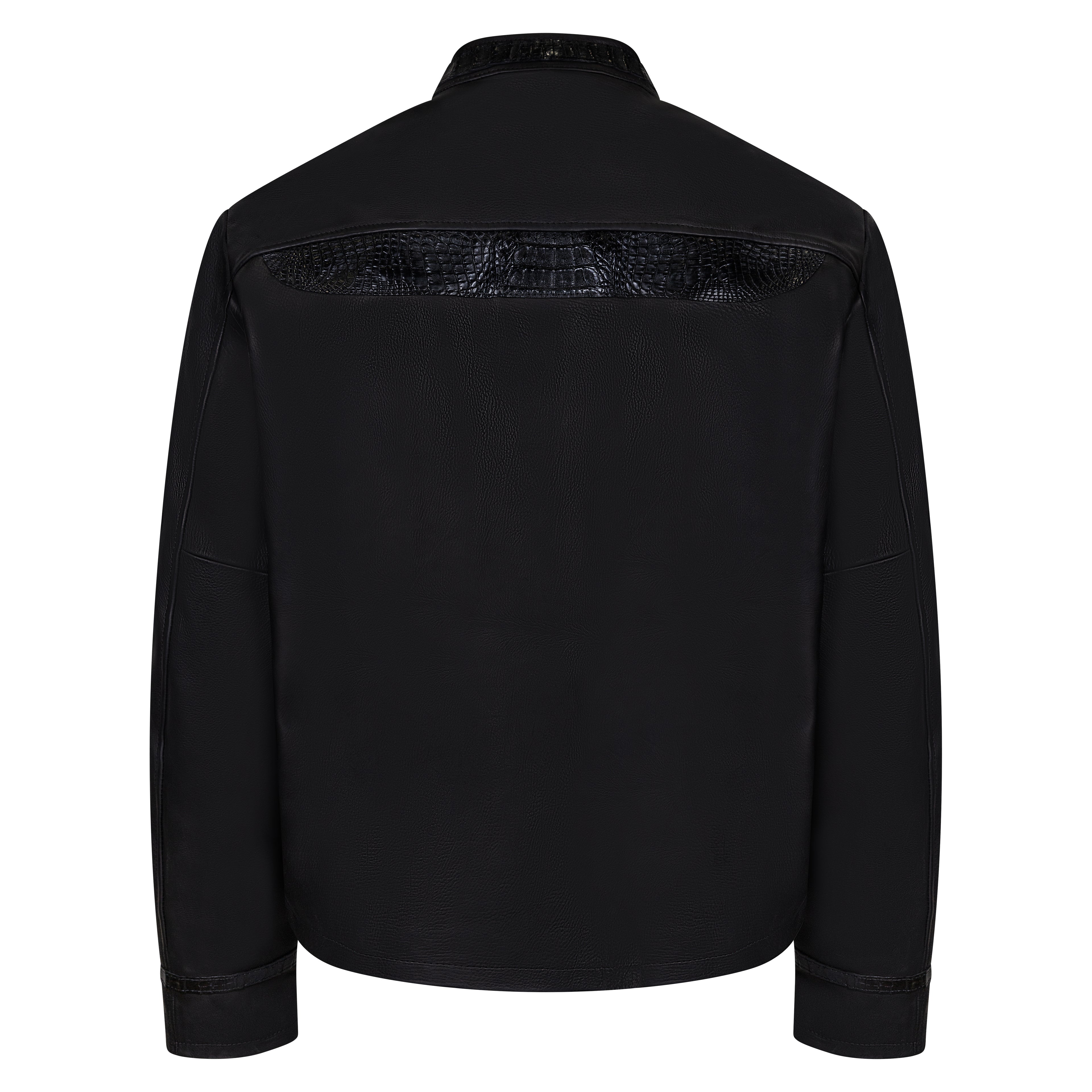 Open bottom leather jacket with alligator tail trimming #3079