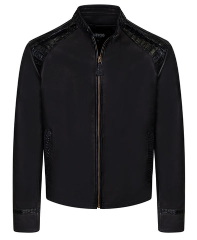 Bomber leather jacket with alligator trimming #2087
