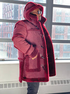 Sheepskin Long Jacket Toggle Closer with Hood and Fur | Style #4100
