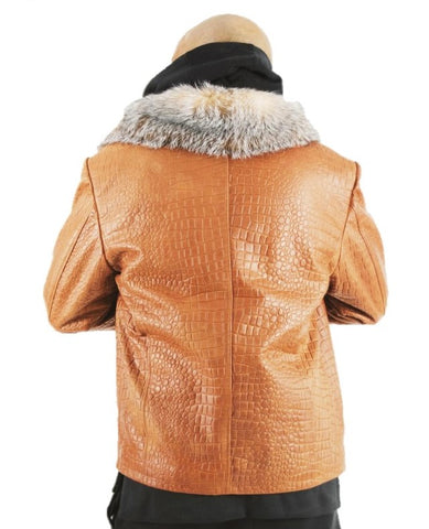 Leather Jacket Embossing Design With Crystal Fox Fur Style #7100
