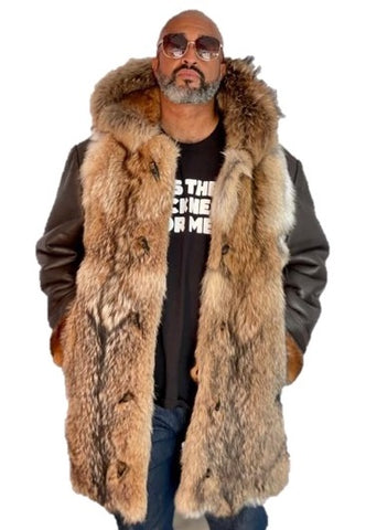 Sheepskin coat with full front and hood coyote fur #7770