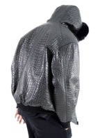 Embossed Leather Bomber Jacket with fox fur trimmed hood Style #2266F