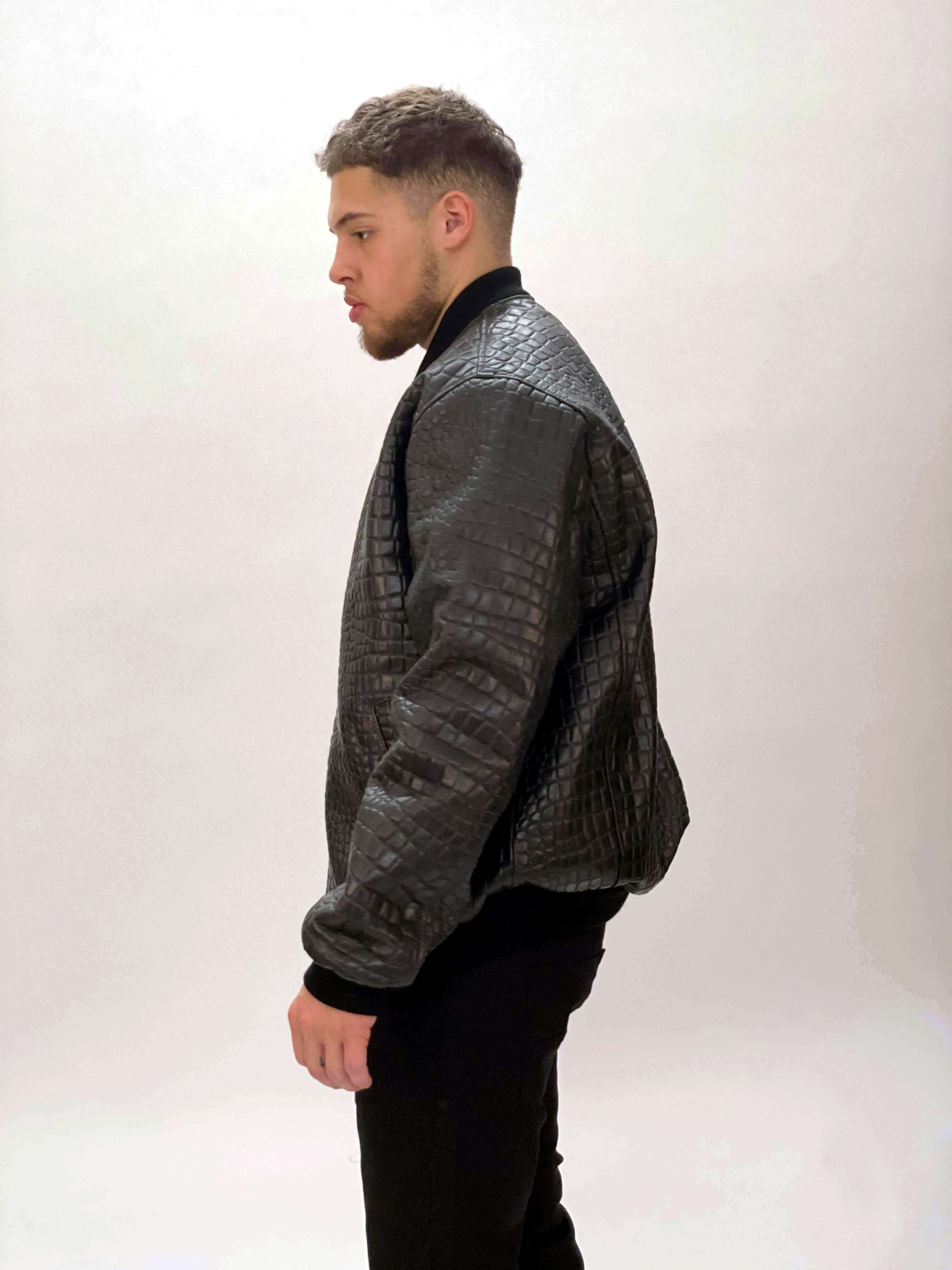 Black Embossed Leather Baseball Jacket Style #2270