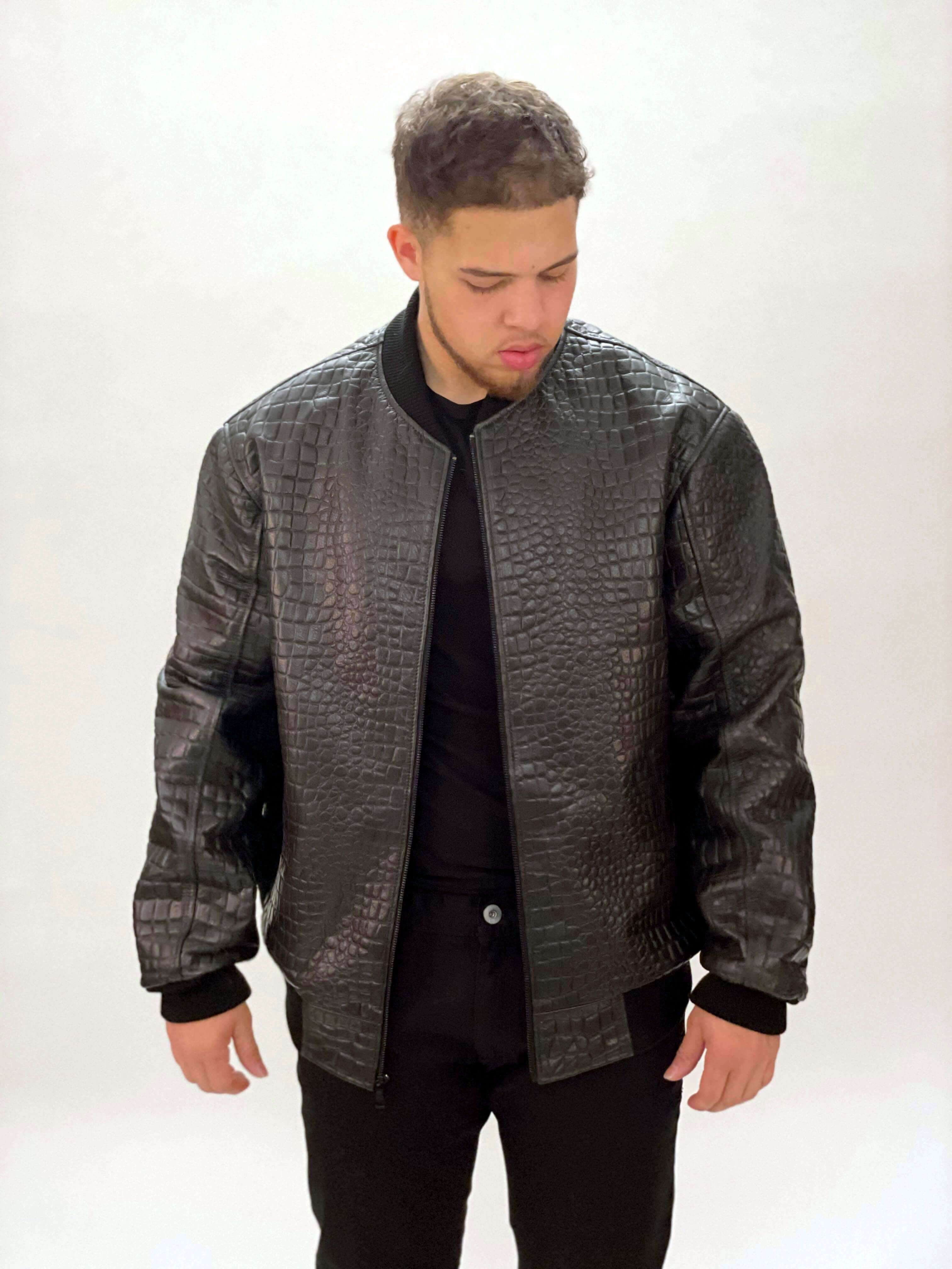 Black Embossed Leather Baseball Jacket Style #2270 – Jakewood