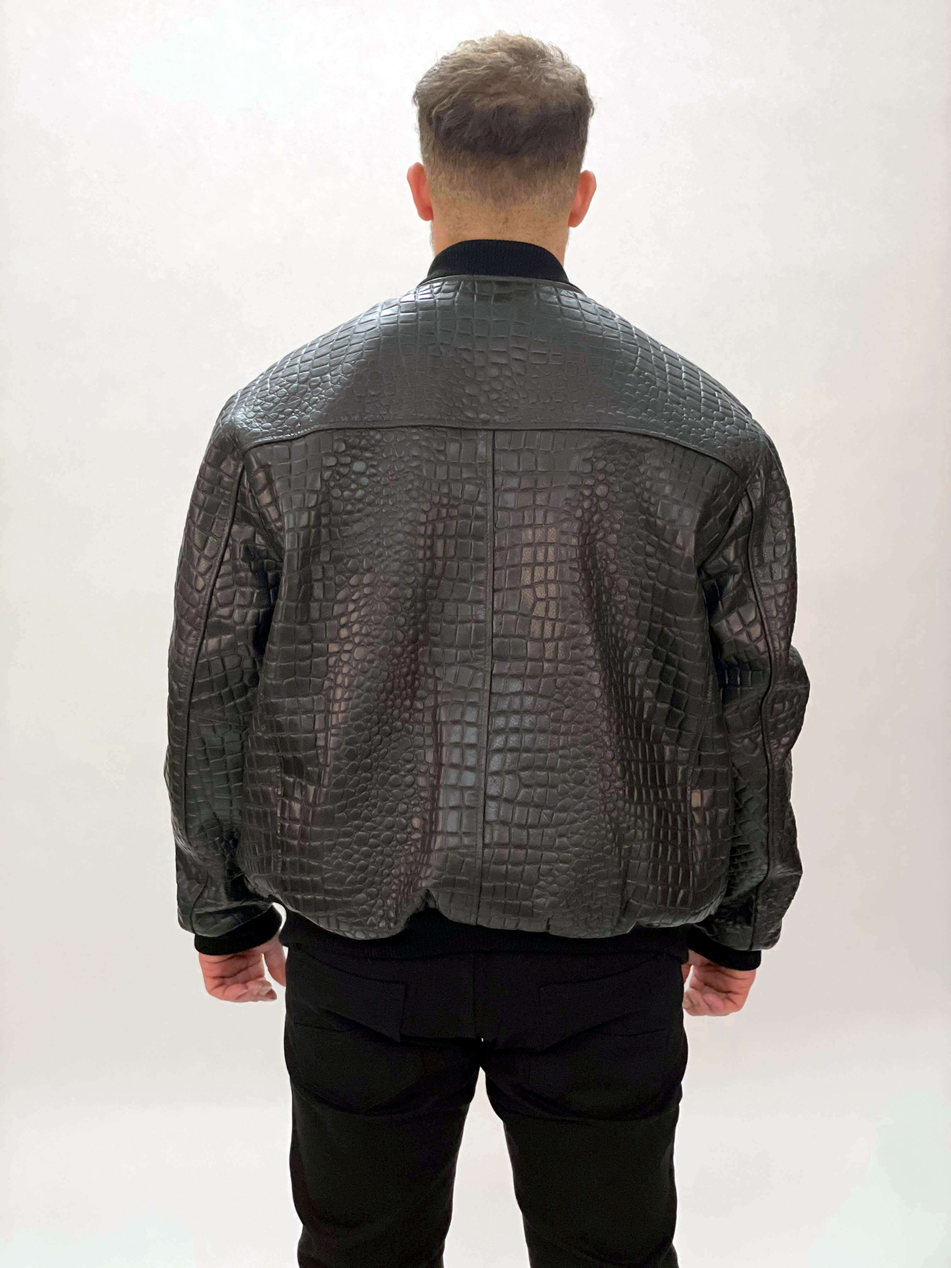 Black Embossed Leather Baseball Jacket Style #2270