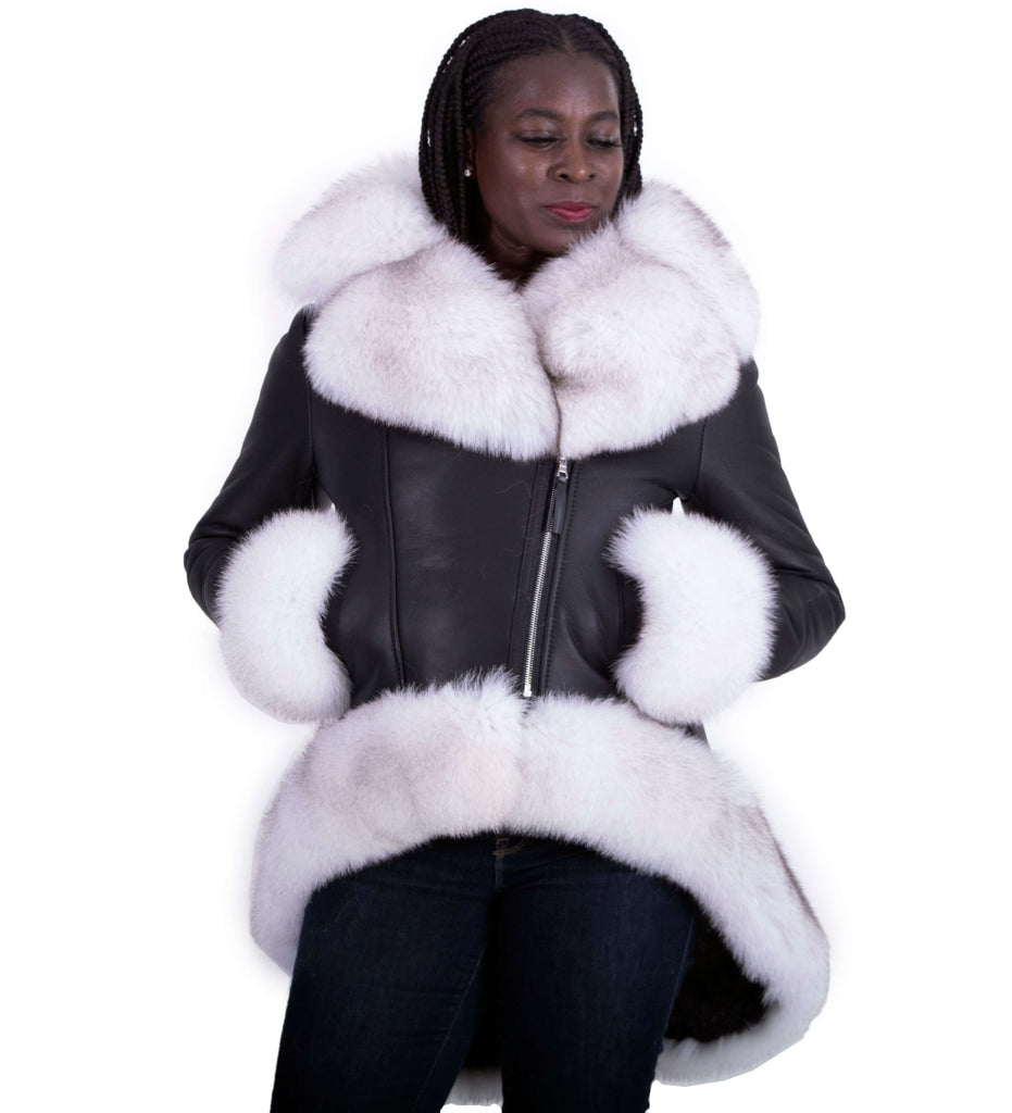 Ladies high-low length jacket. Fox fur collar, cuffs and bottom