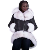 Ladies high-low length jacket.  Fox fur collar, cuffs and bottom Style #1006