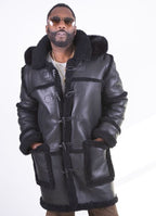 Sheepskin Long Jacket Toggle Closer with Hood and Fur | Style #4100