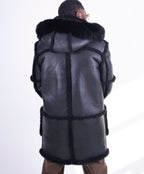 Sheepskin Long Jacket Toggle Closer with Hood and Fur | Style #4100