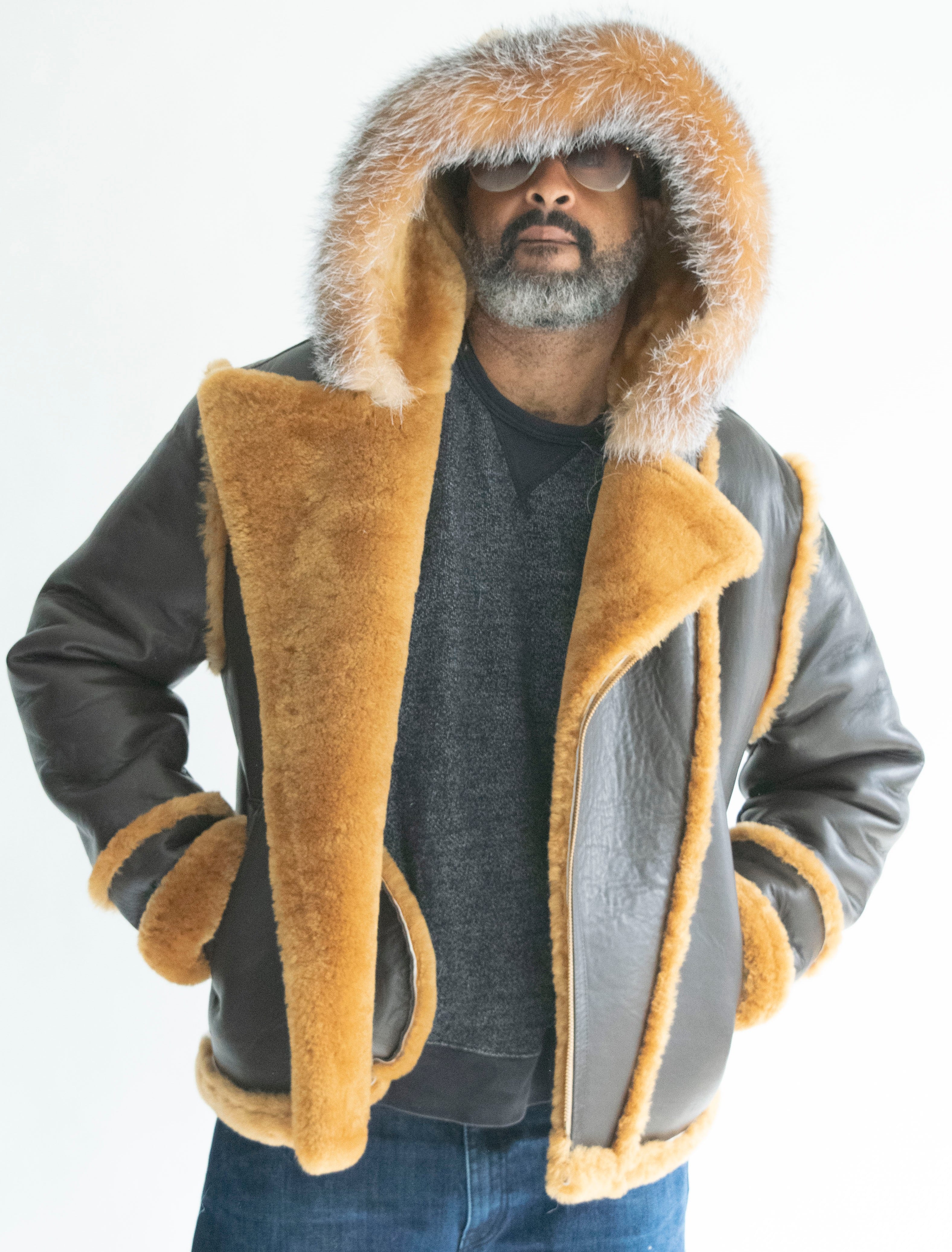 Sheepskin Jacket with Hood and Fox Fur Style #3910