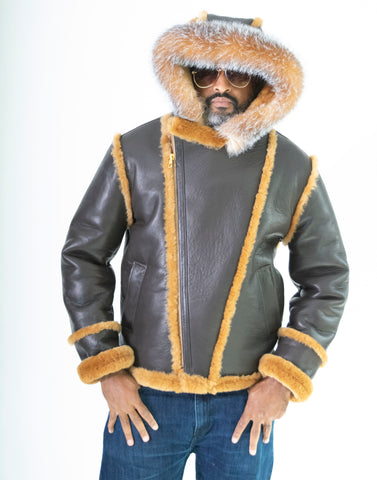 Sheepskin Jacket with Hood and Fox Fur Style #3910