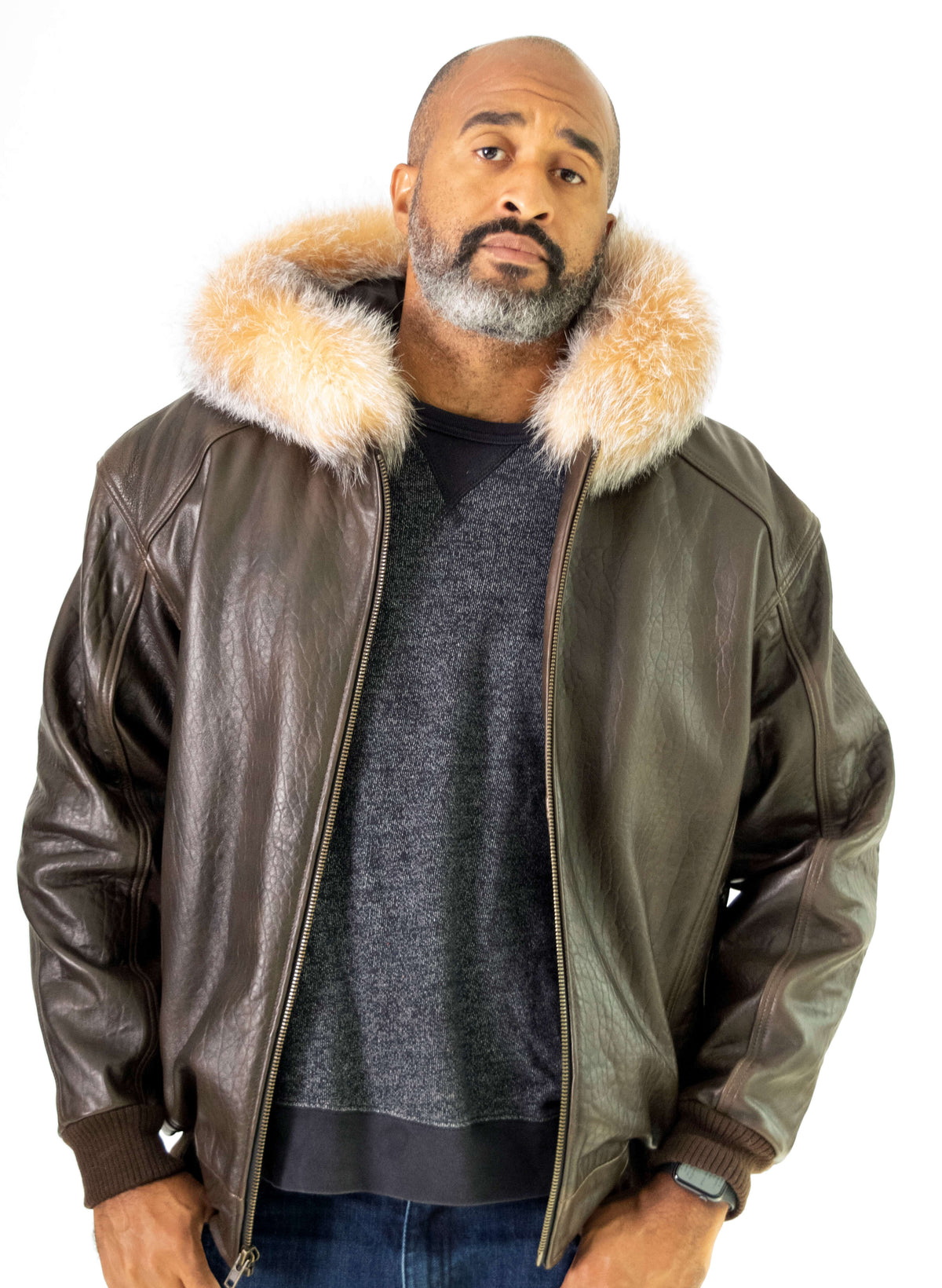 Heavyweight lambskin leather jacket with fox fur trimmed hood 